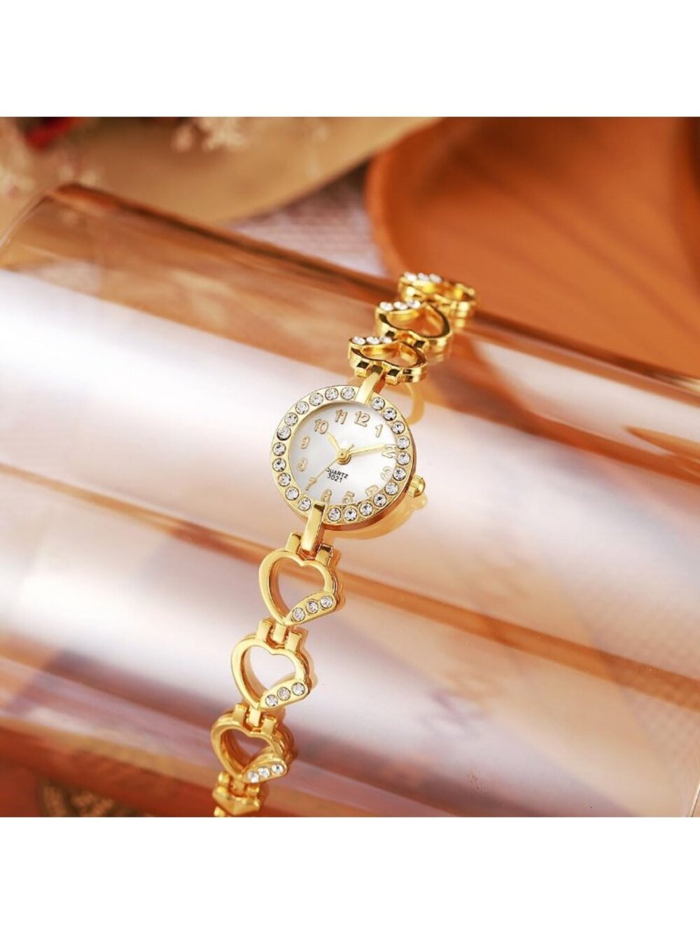 Women's Gold Stylish Hollow Stainless Steel Strap Luxury Diamond Bracelet Watch - Picture 3 of 5